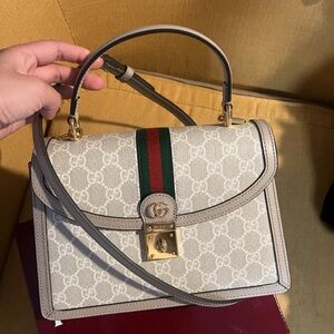 Gucci Ophidia top handle Beige GG Canvas Satchel with Green-Red Web Stripe new